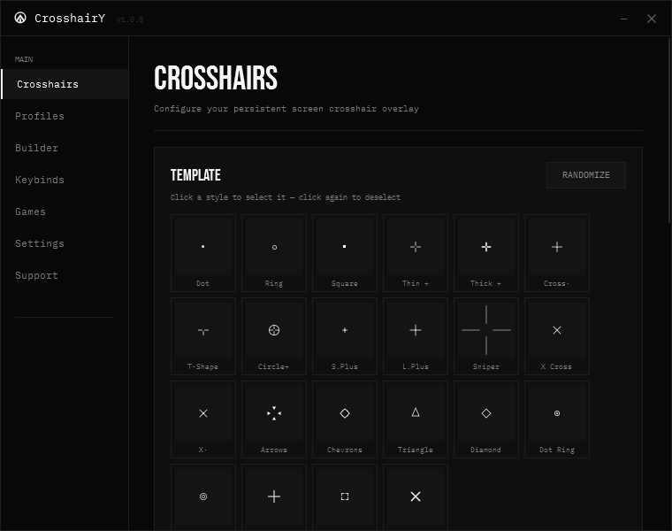 The CrosshairY app showing the Crosshairs page with a grid of crosshair templates