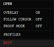 The CrosshairY system tray menu with overlay, follow cursor, proof mode and profiles
