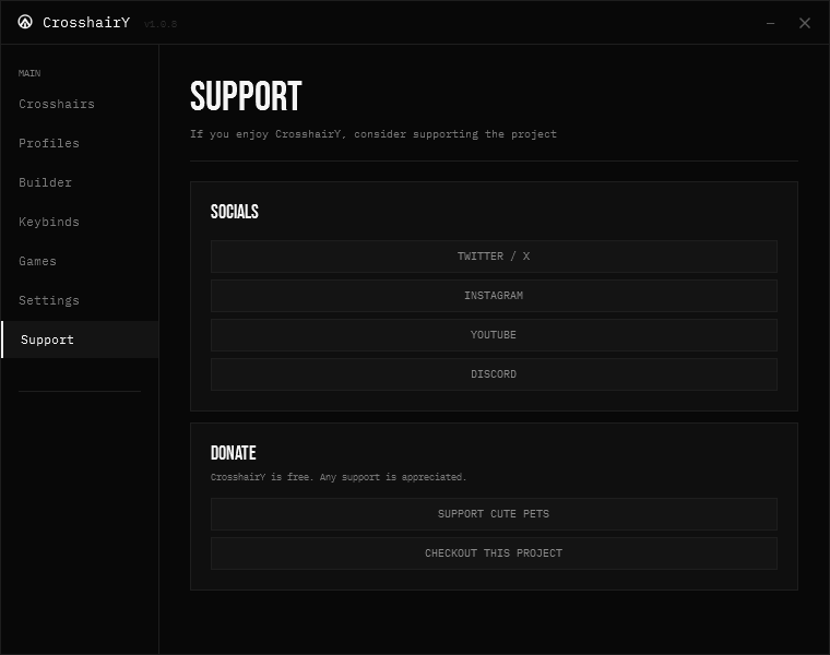 The CrosshairY Support page with socials and donation links